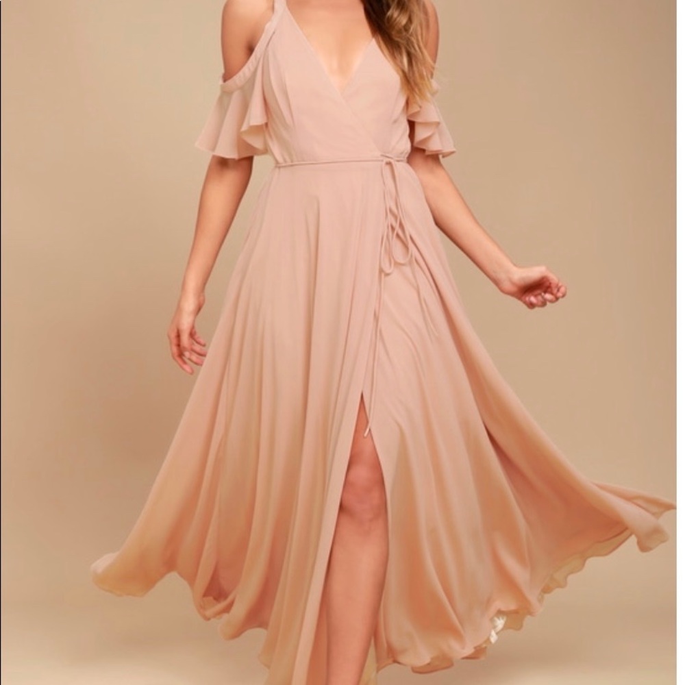 Lulu’s Blush Cold-Shoulder Wrap Maxi Dress